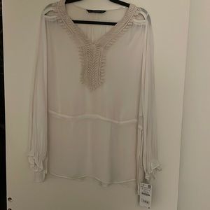 Ecru sheer with lace bib detail blouse